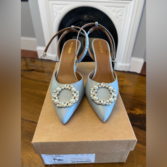 ALOHAS Cinderella Crystal Baby Blue Leather Pumps Heels Size 37 - Picture 6 of 14